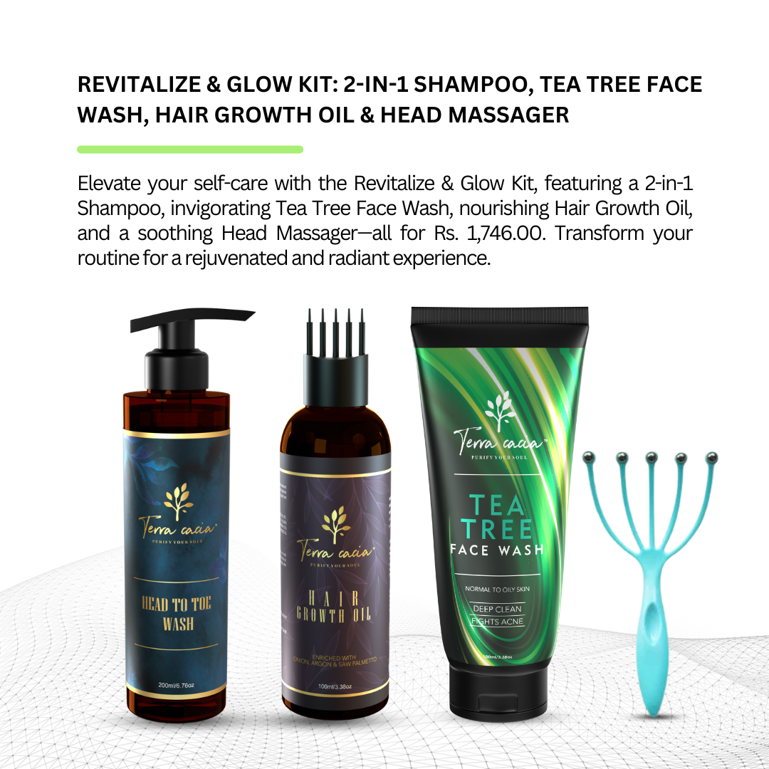 Revitalize & Glow Kit: 2-in-1 Shampoo, Tea Tree Face Wash, Hair Growth Oil & Head Massager