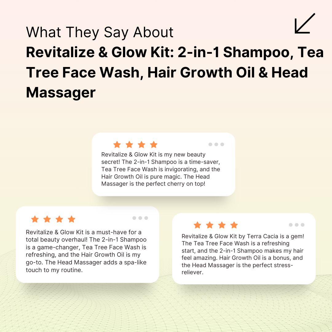 Revitalize & Glow Kit: 2-in-1 Shampoo, Tea Tree Face Wash, Hair Growth Oil & Head Massager