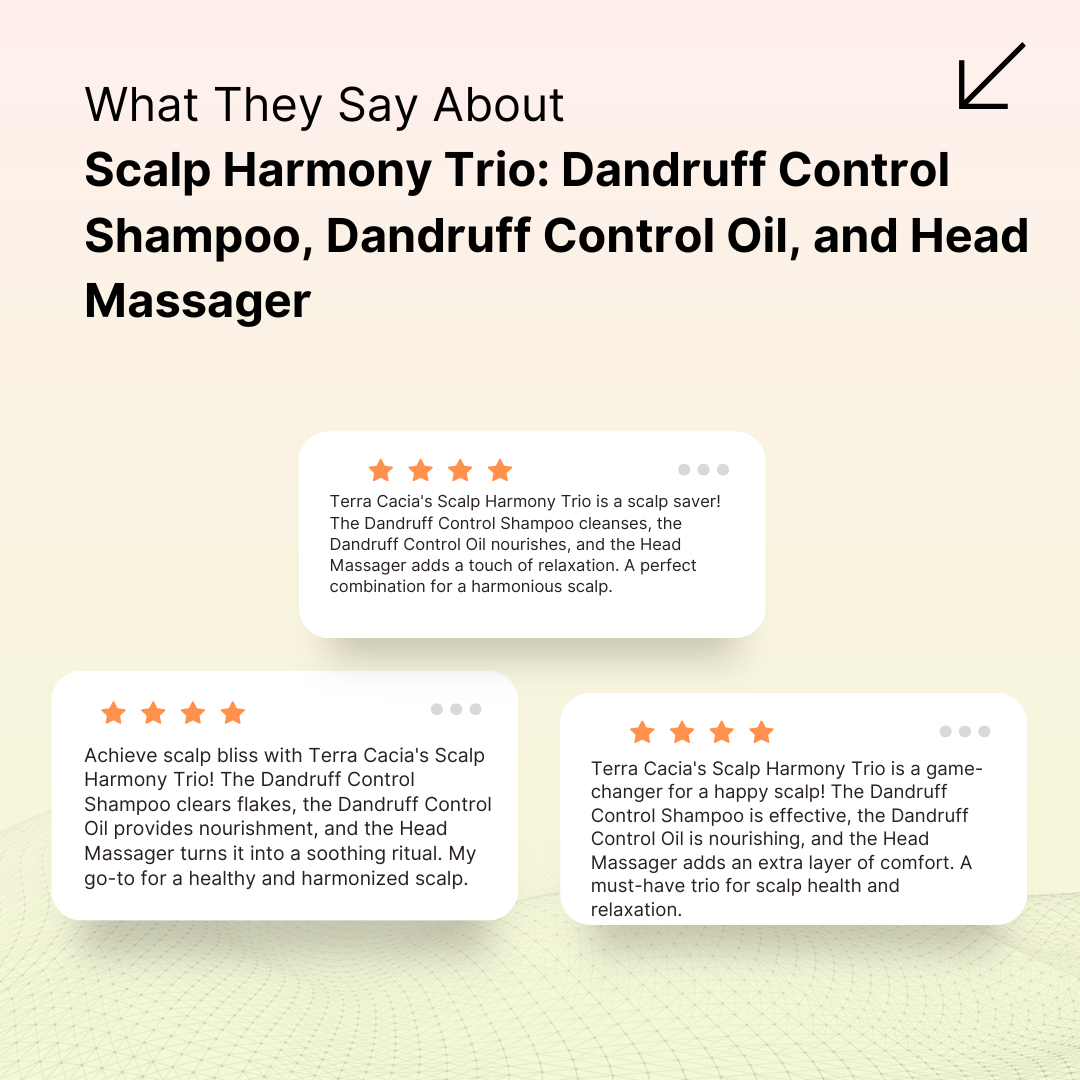 Scalp Harmony Trio: Dandruff Control Shampoo, Dandruff Control Oil, and Head Massager