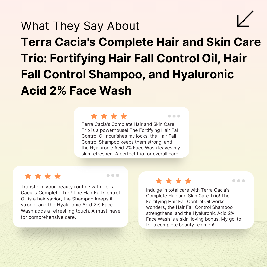 Terra Cacia's Complete Hair and Skin Care Trio: Fortifying Hair Fall Control Oil, Hair fall control shampoo, and Hyaluronic Acid 2% Face Wash with Head Massager