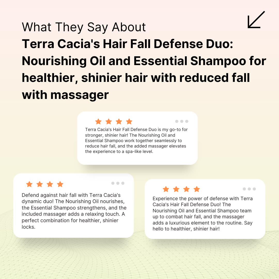 Terra Cacia's Hair Fall Defense Duo: Nourishing Oil and Essential Shampoo for healthier, shinier hair with reduced fall with massager