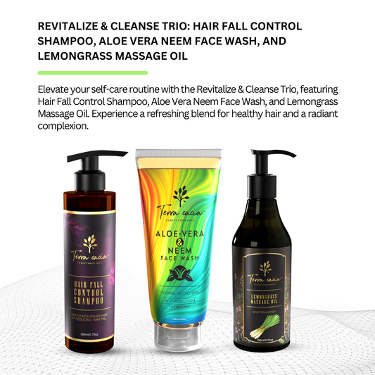 Revitalize & Cleanse Trio: Hair Fall Control Shampoo, Aloe Vera Neem Face Wash, and Lemongrass Massage Oil