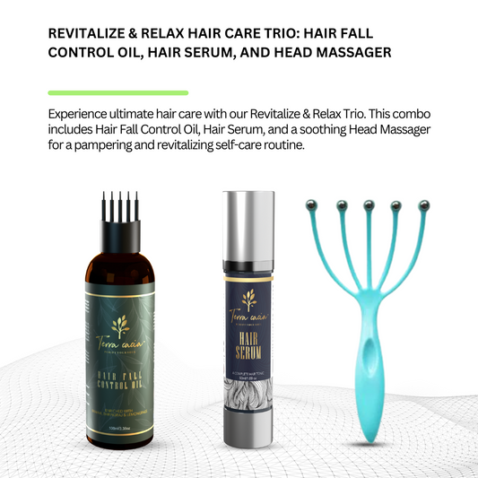 Revitalize & Relax Hair Care Trio:  Hair fall Control Oil, Hair Serum, and Head Massager