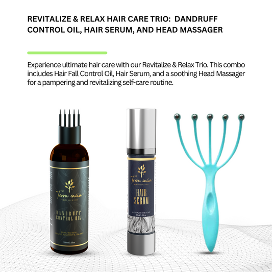 Revitalize & Relax Hair Care Trio:  Dandruff Control Oil, Hair Serum, and Head Massager