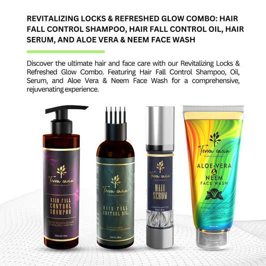 Revitalizing Locks & Refreshed Glow Combo: Hair Fall Control Shampoo, Hair Fall Control Oil, Hair Serum, and Aloe Vera & Neem Face Wash.