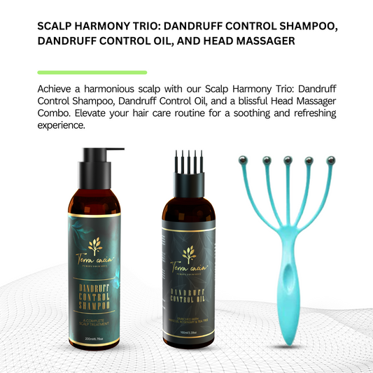 Scalp Harmony Trio: Dandruff Control Shampoo, Dandruff Control Oil, and Head Massager