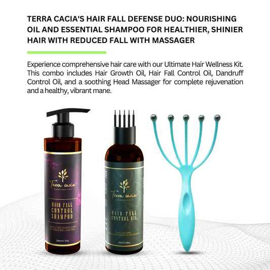 Terra Cacia's Hair Fall Defense Duo: Nourishing Oil and Essential Shampoo for healthier, shinier hair with reduced fall with massager